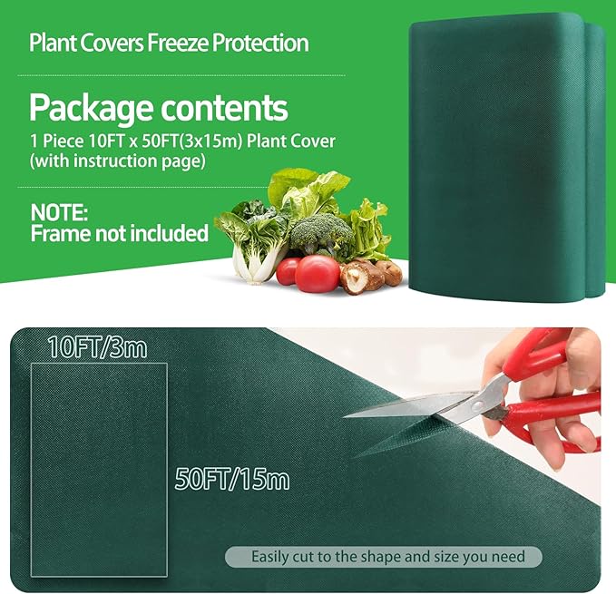 Plant Covers Freeze Protection, 10x50ft Green Frost Blanket for Winter, 1.23 oz/yd² Fabric, Premium