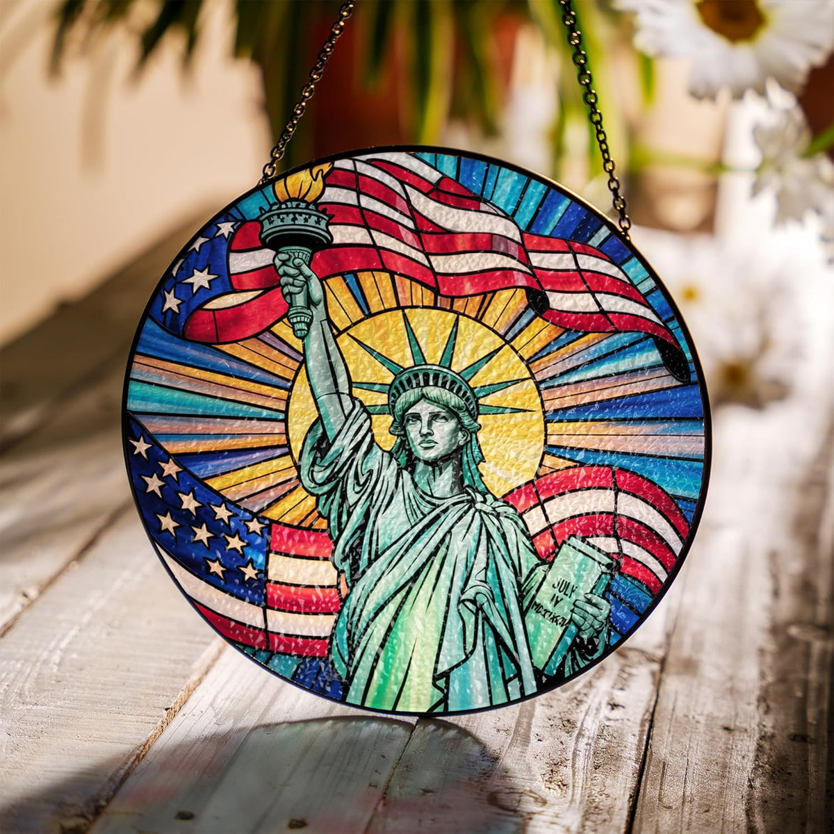 7.8"Patriotic Statue of Liberty Stained Glass Suncatcher, Red White Blue Window Hanging, 4th of