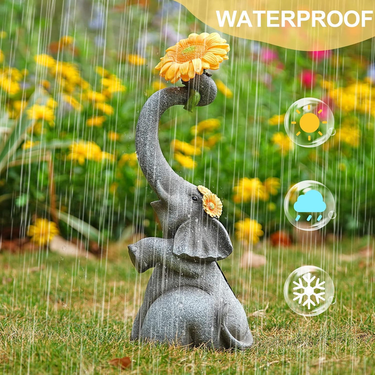 Elephant Sunflower Garden Decor, 14.3" Solar Large Garden Statue, Outdoor Yard Decor, Gifts for