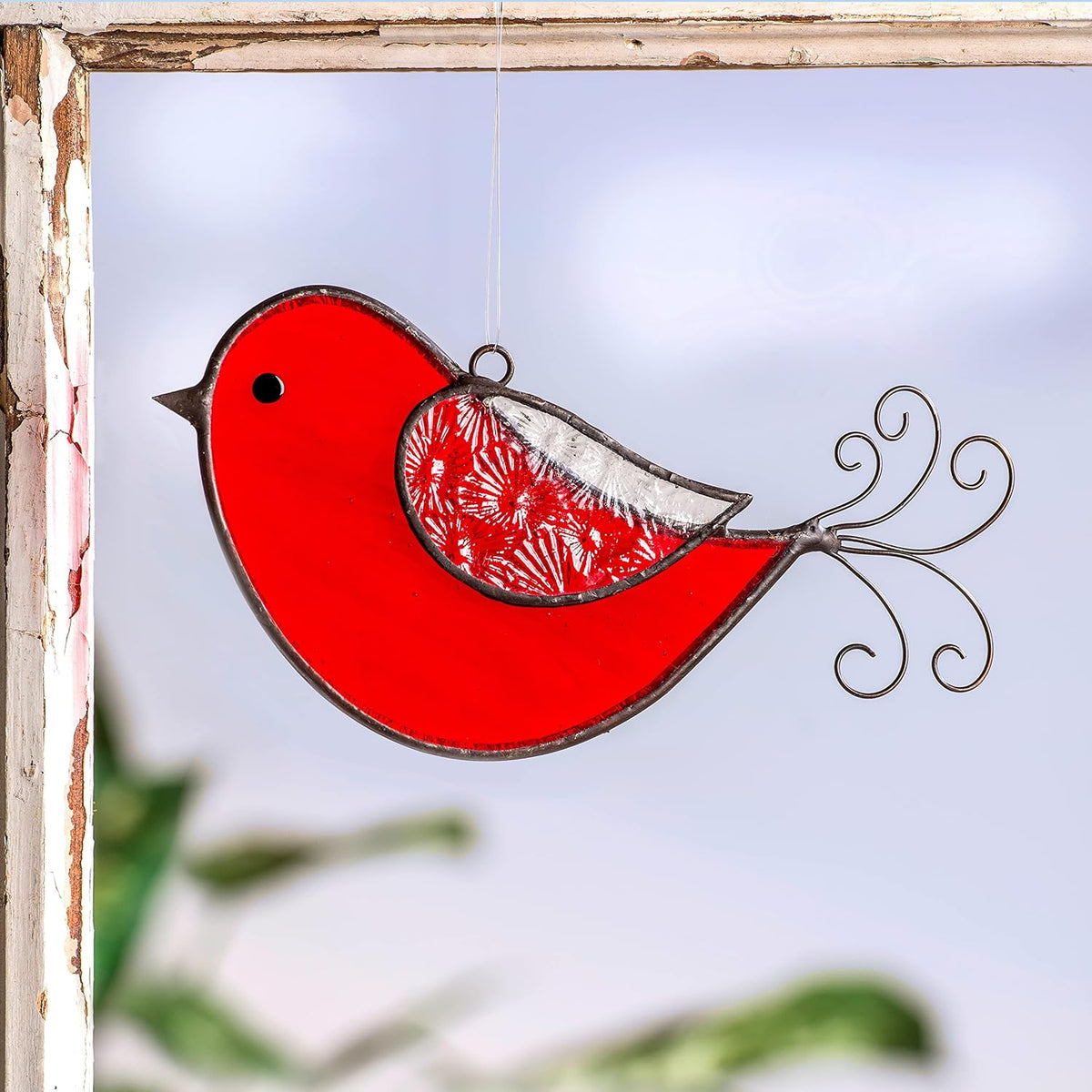 J Devlin Glass Red Bird Window Ornament Suncatcher 310