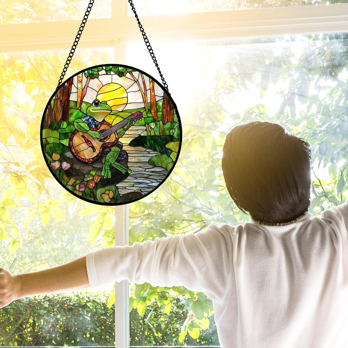 Stained Glass Window Hanging, Frog Playing Guitar Suncatcher Diamond Glass Panel Funny Sun Catchers