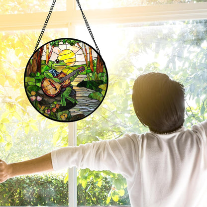Stained Glass Window Hanging, Frog Playing Guitar Suncatcher Diamond Glass Panel Funny Sun Catchers