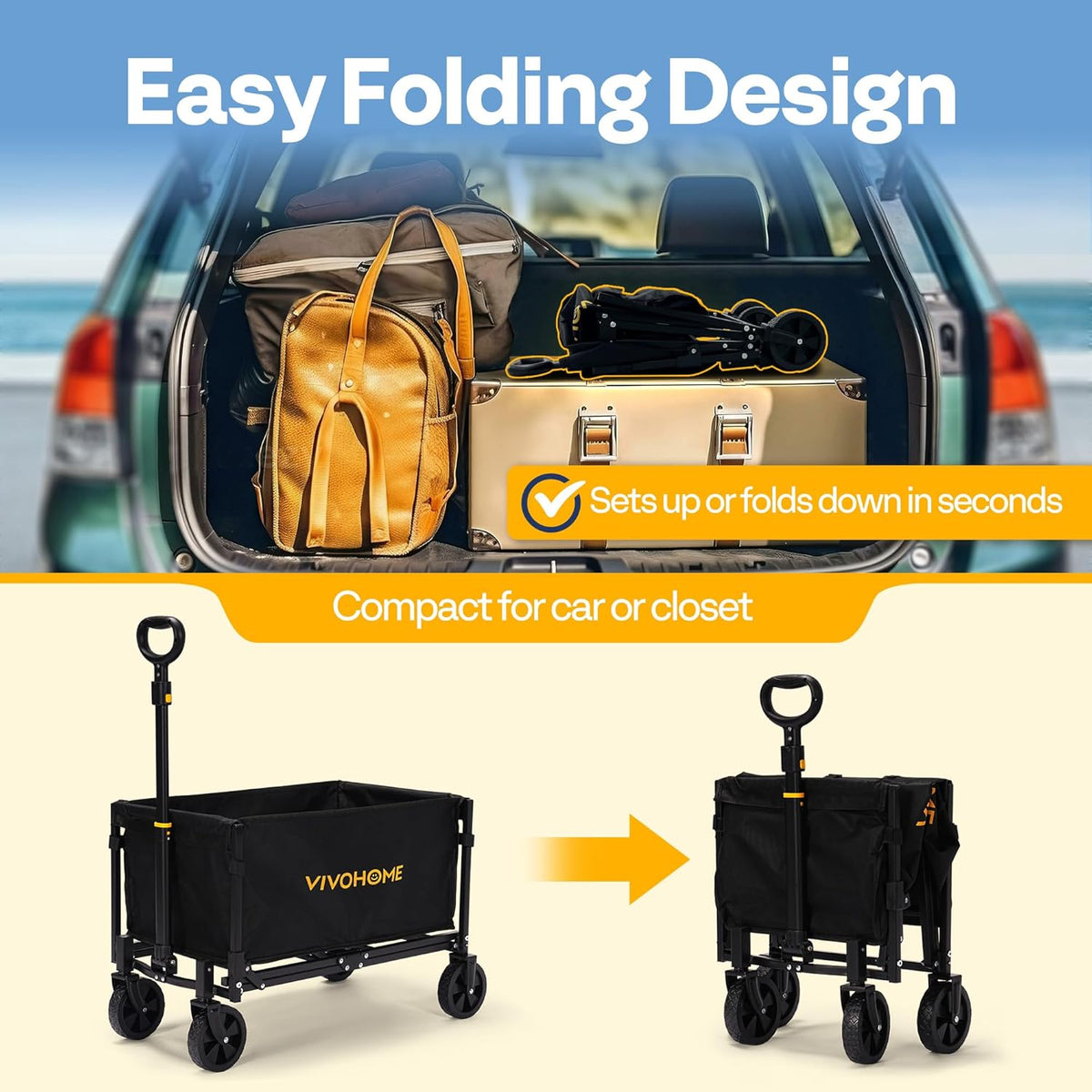 VIVOHOME Collapsible Wagon Cart Lightweight Portable Folding Utility Wagons with All-Terrain Wheels