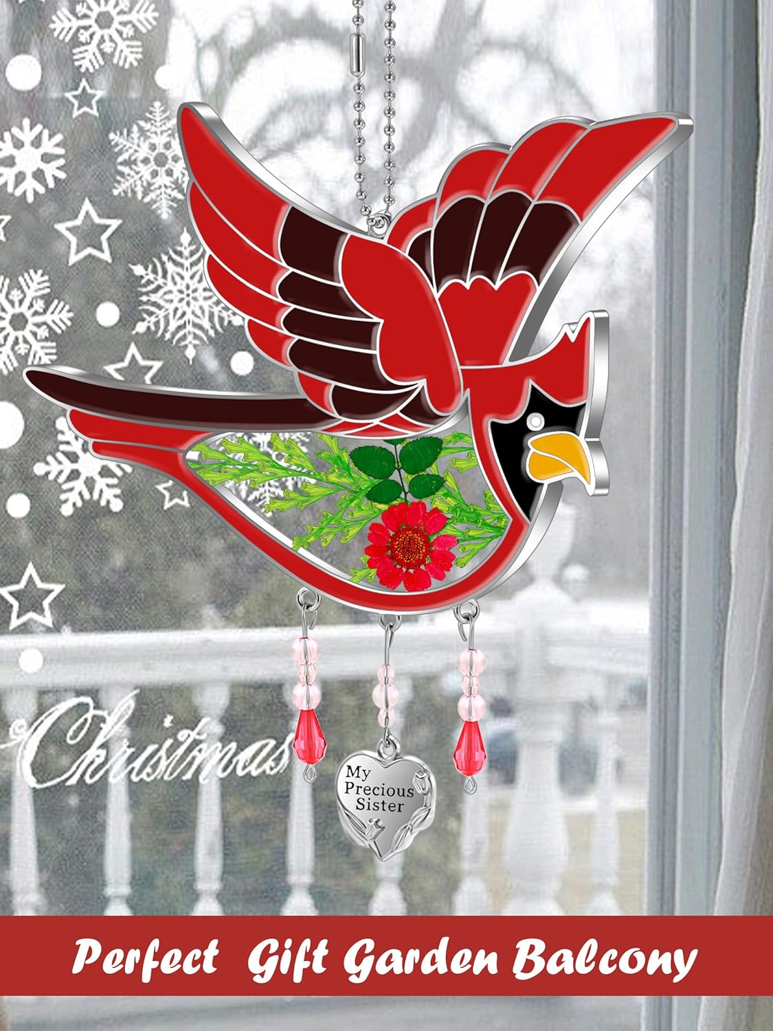 KY&BOSAM Cardinal Suncatcher My Precious Sister Had Painted Stained Glass Sun Catcher for Windows