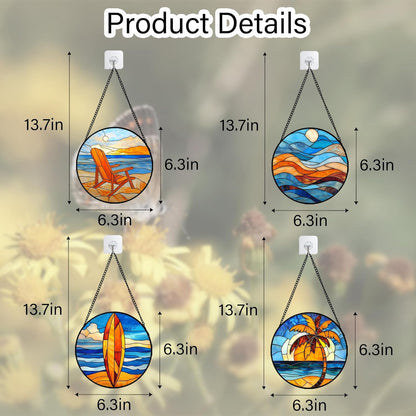 Stained Glass Window Hanging 4 Pcs Set Blue Orange Ocean Beach Theme 6.3" - Suncatcher Door Garden