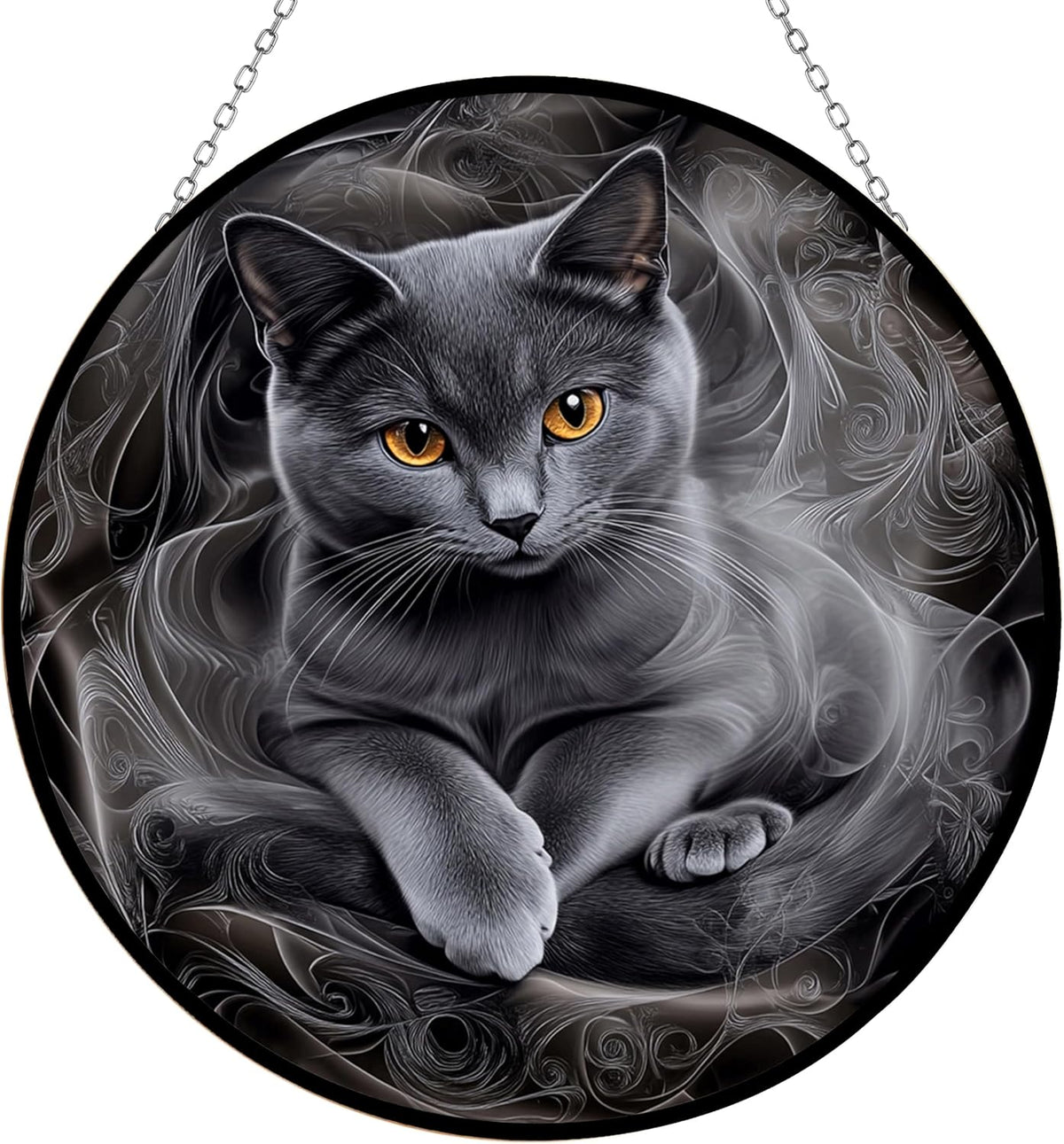 Easter Gray Cat Stained Glass Suncatcher Window Hanging, Gothic Christmas Ornaments for Fiction