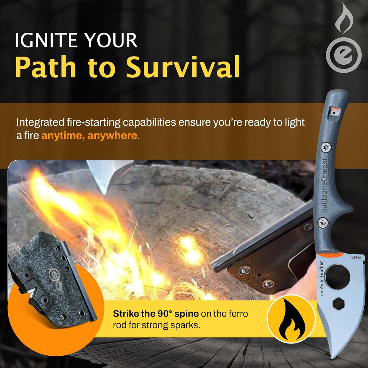 OUTDOOR ELEMENT Contour Feather Survival and Culinary Knives – VG10 Steel Fixed Blade with Fire