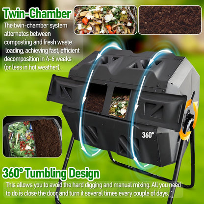 Compost Bin, 43 Gallon Dual Chamber Composter Tumbler Outdoor with 2 Sliding Door and Aeration