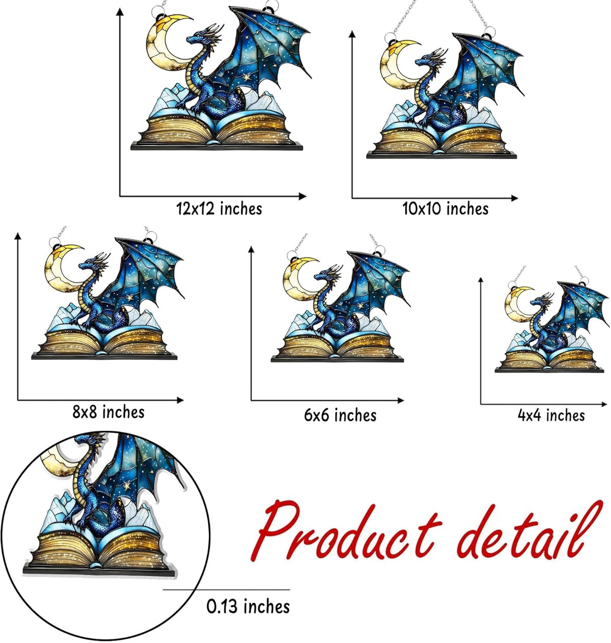 Dragon Moon Book Bookworm Acrylic Suncatcher Stained Glass Effect Window Car Hanging Christmas