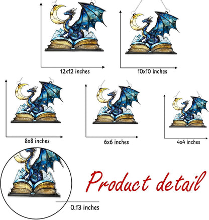 Dragon Moon Book Bookworm Acrylic Suncatcher Stained Glass Effect Window Car Hanging Christmas