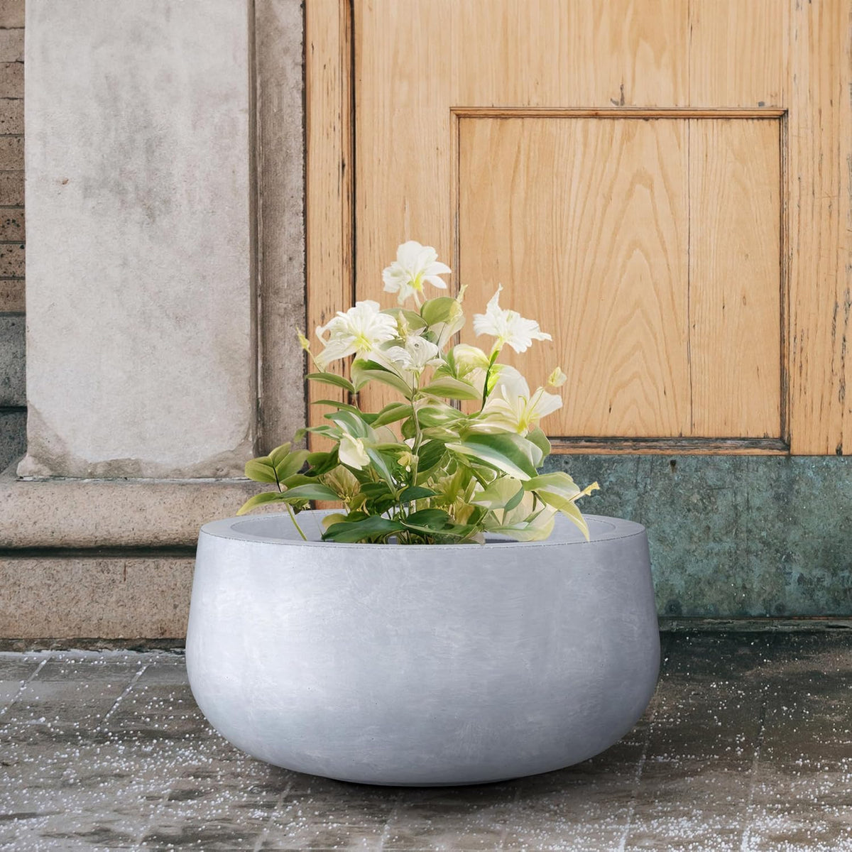 Kante 15.7" Dia Round Concrete Planter, Outdoor Indoor Garden Plant Pots with Drainage Hole and