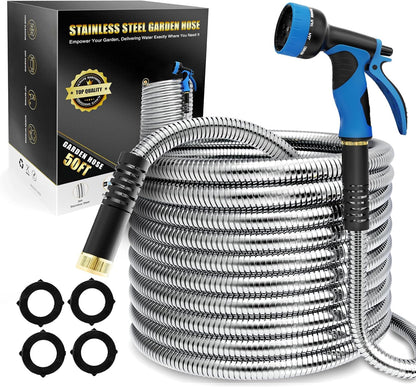 Lefree Garden Hose 50ft, Stainless Steel Garden Hose Metal, Flexible Water Hose with 10-Function