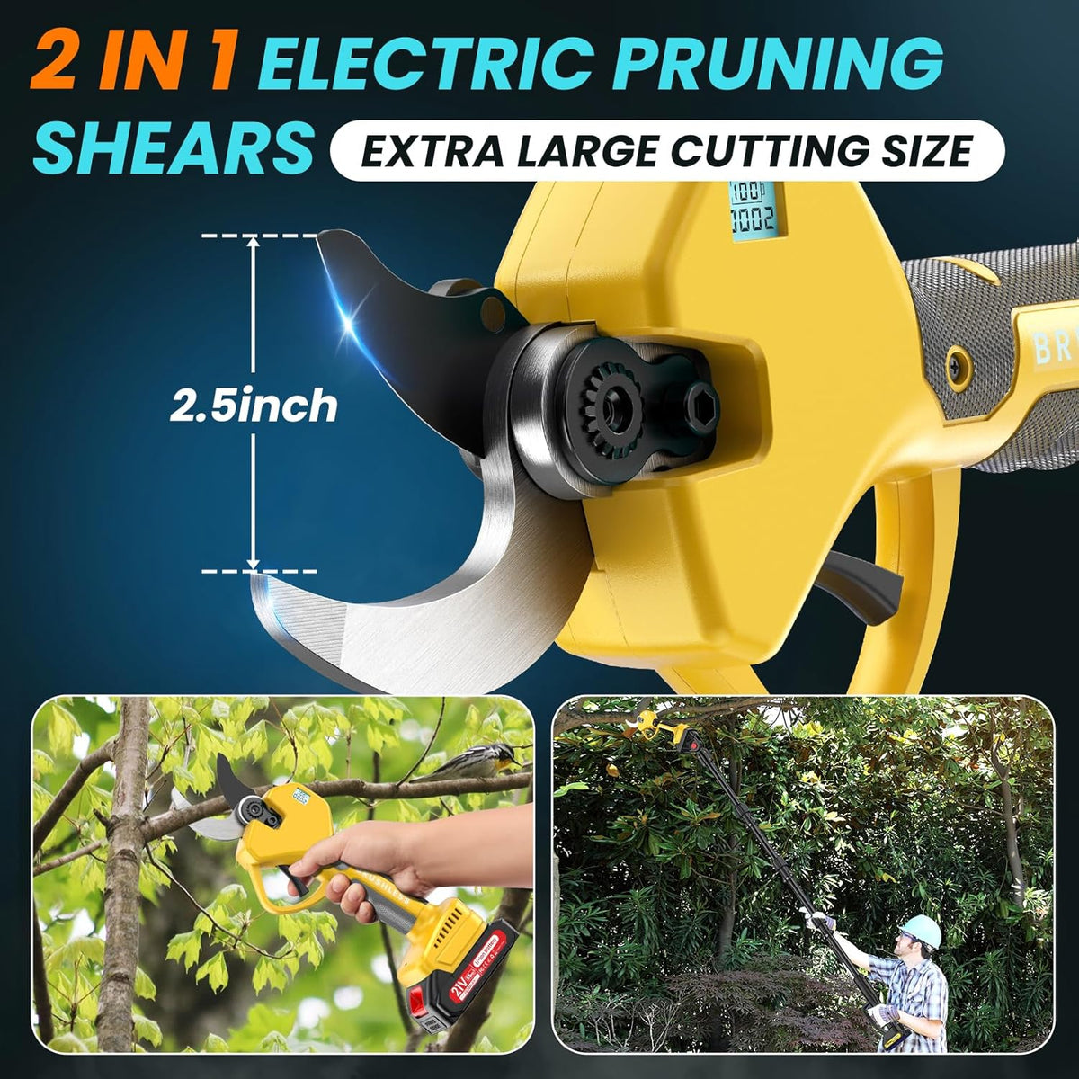 2-in-1 Pole Pruning Shears, 2.0 Inches Cutting Diameter Cordless Electric Pole Pruners - Brushless