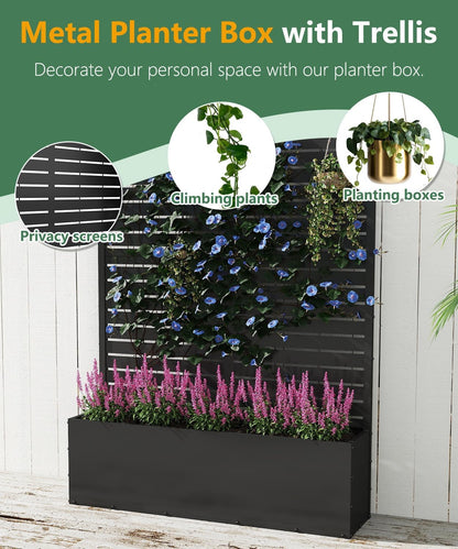 Metal Planter Box with Trellis,70.9"x47.2"x15.7" Raised Garden Bed with Drainage Holes, Privacy