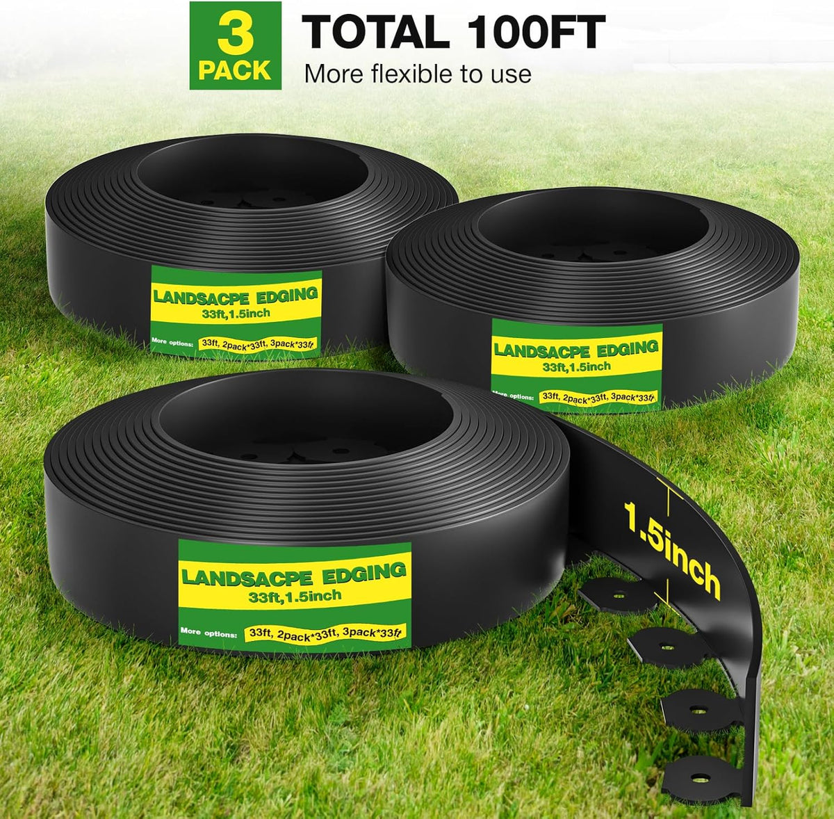 MIXC 66ft, 1.5in Tall Landscape Edging Kit with 100 Spikes, No-Dig Flexible Plastic Edge Border for