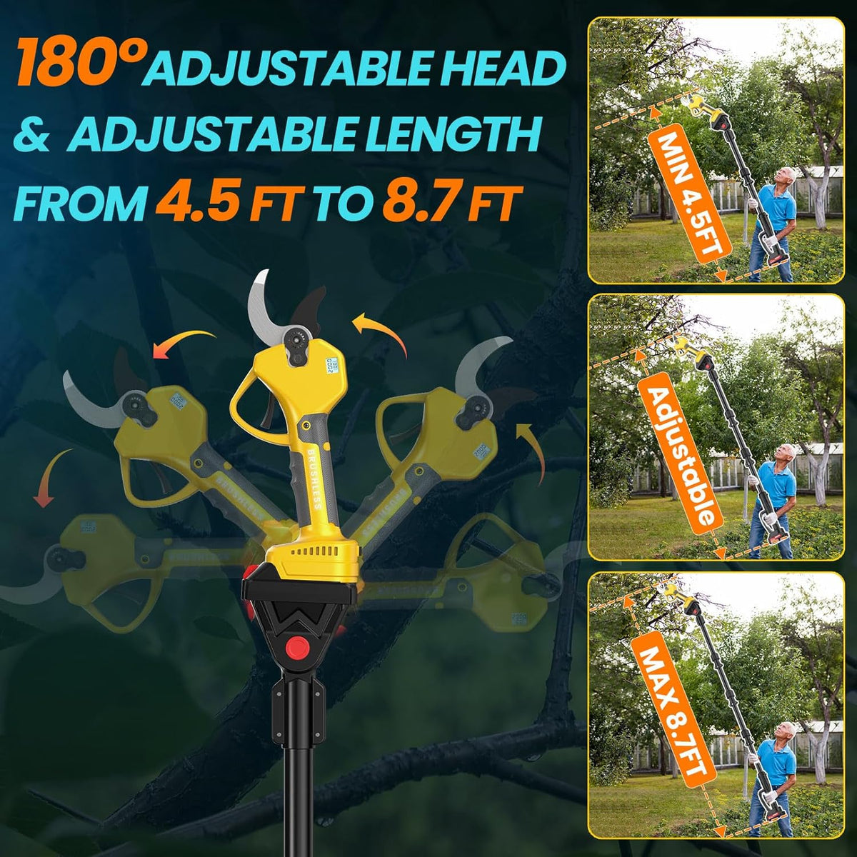 2-in-1 Pole Pruning Shears, 2.0 Inches Cutting Diameter Cordless Electric Pole Pruners - Brushless