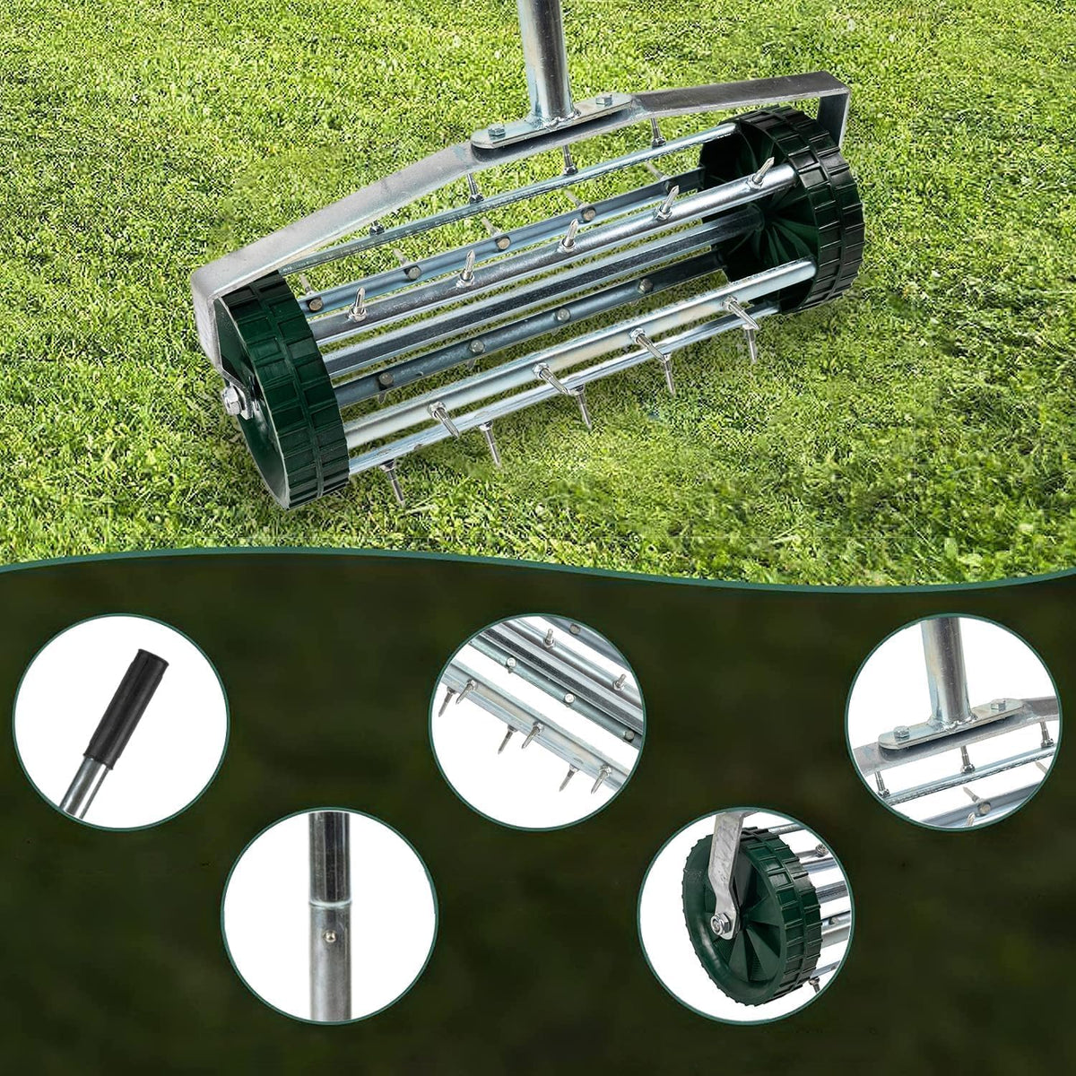 Heavy Duty Rolling Lawn Aerator, Rotary Push Tine Spike Aerator with 1.4-Inch Spikes, 57-Inch Steel