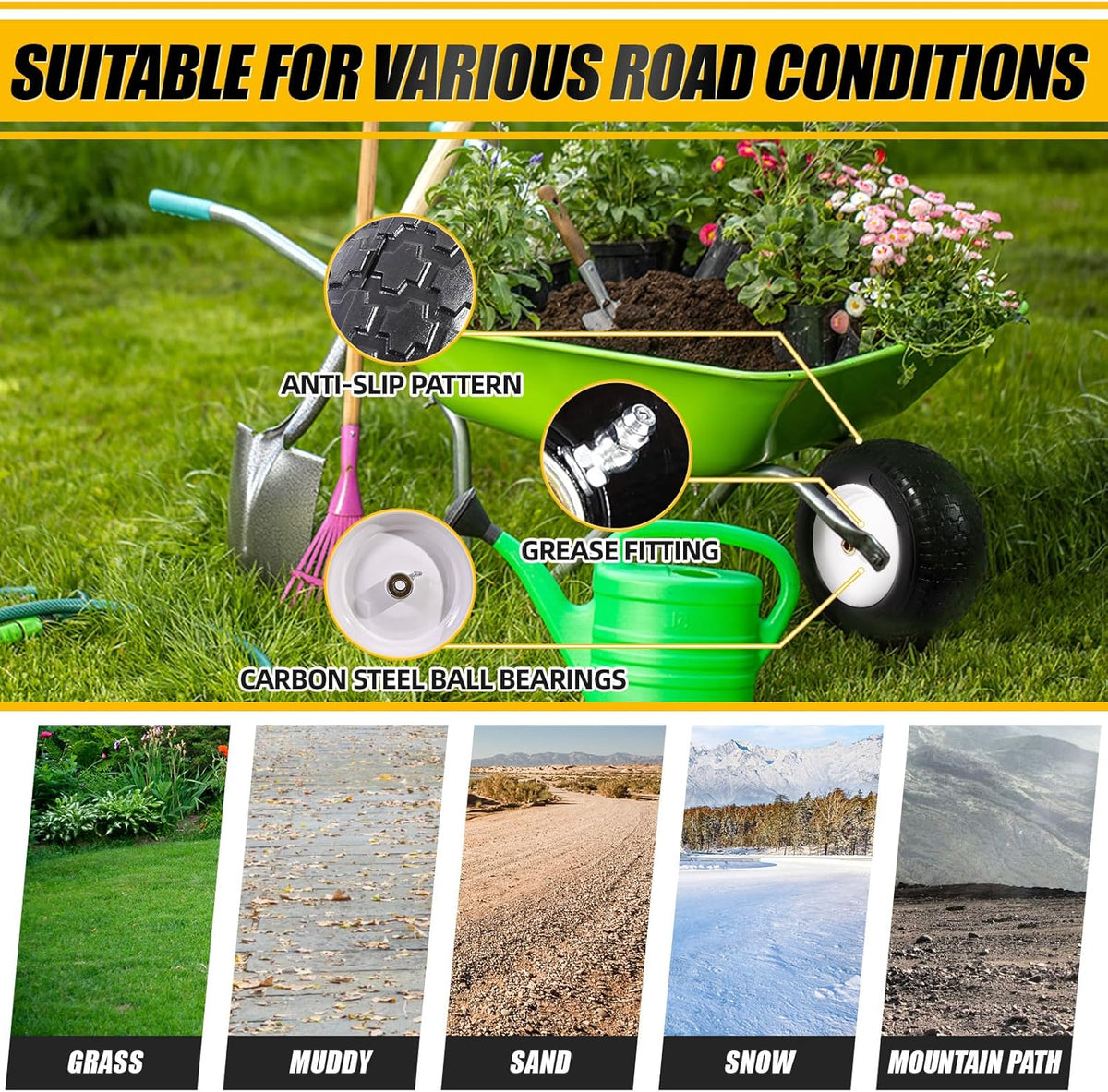 MZREXN 14.5" Wheelbarrow Tire Flat-Free 3.00/3.25/3.50/4.00-8" Solid Tire and Wheel with 3"-7"