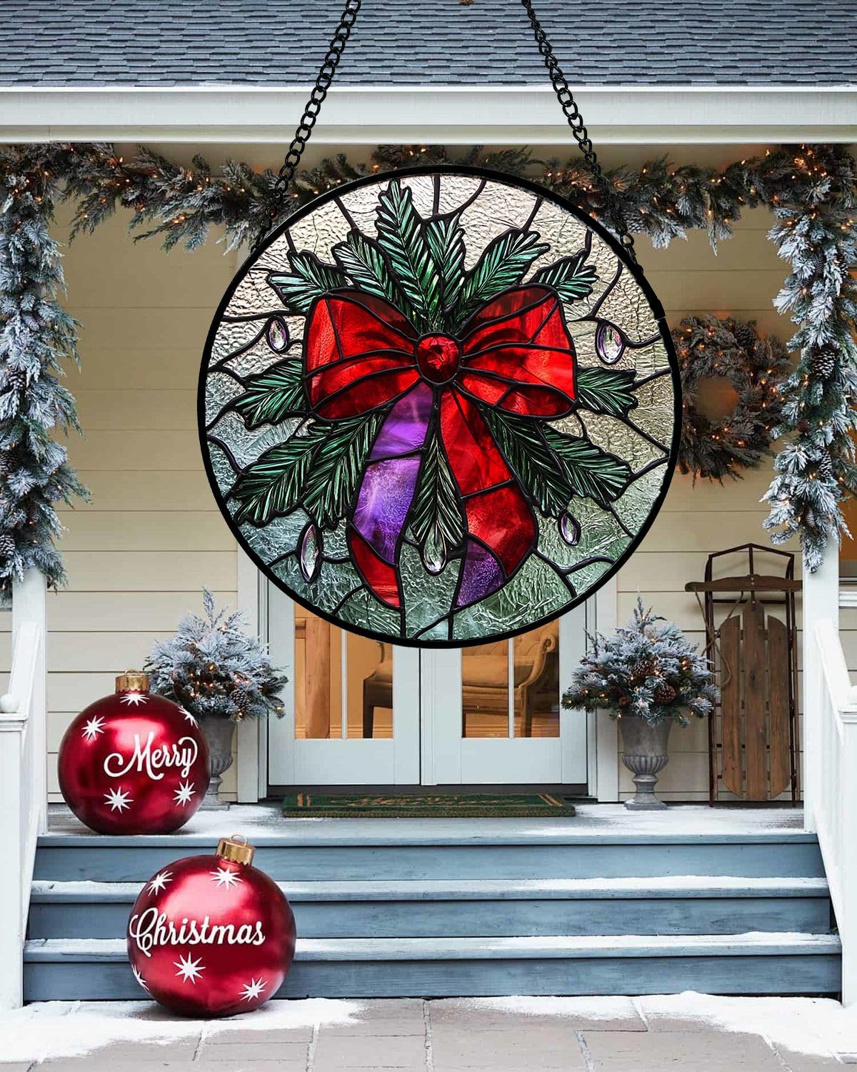 Stained Glass Window Hanging - Purple Gem Christmas Wreath Suncatcher for Doors Home Christmas