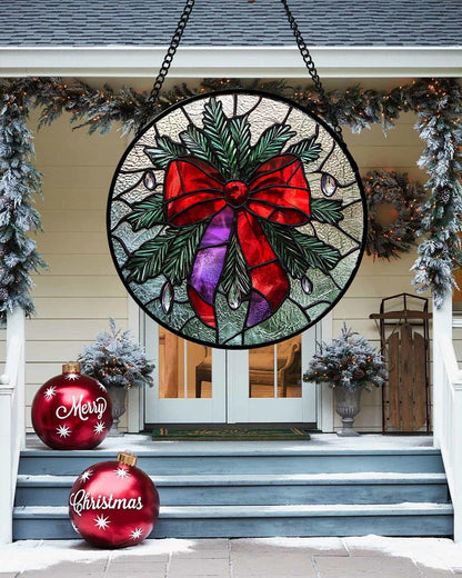 Stained Glass Window Hanging - Purple Gem Christmas Wreath Suncatcher for Doors Home Christmas