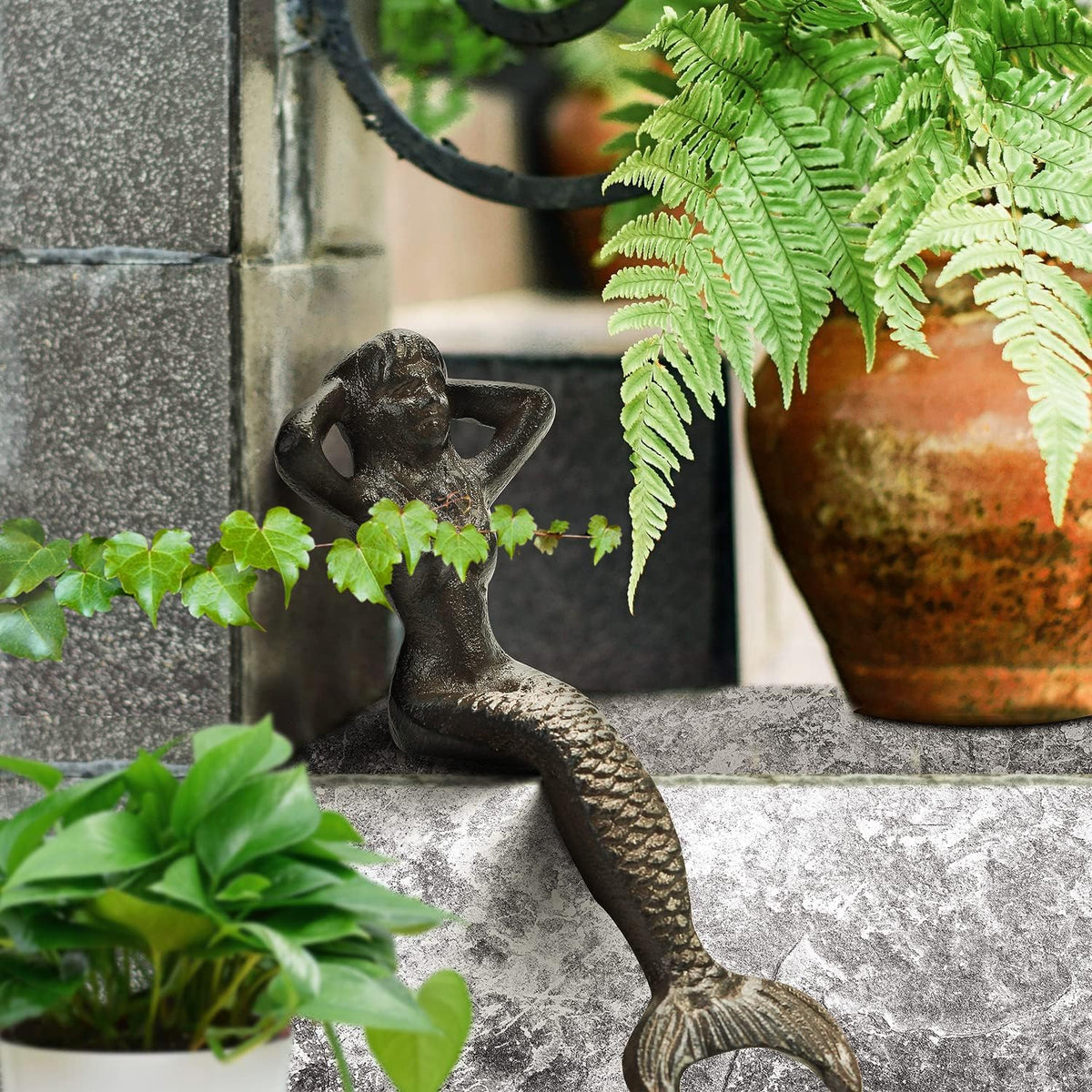Sungmor Heavy Duty Cast Iron Mermaid Statue - 26CM Tall Sitting Mermaid Figure Ornament - Great