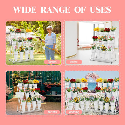 Flower Display Stand with Buckets, 3-Layers 12 PCS Buckets Plant Stand with Wheels, Movable Metal