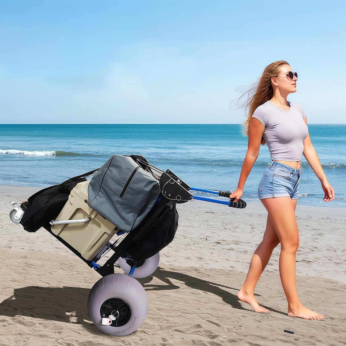 Beach Cart Foldable Fishing Trolley with 12 inch Balloon Wheels for Sand All-Terrain