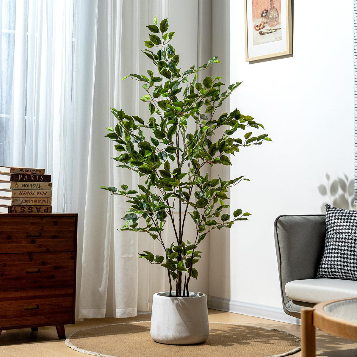 Artificial Ficus Tree Indoor 5ft, Large Potted Faux Tree with Realistic Silk Leaves & Trunk for