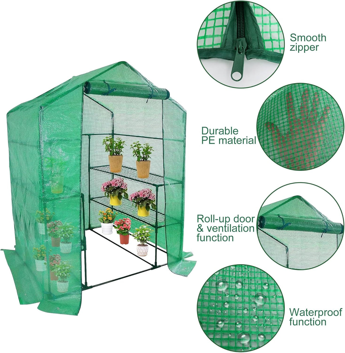 Walk-in Greenhouse Replacement Cover with Roll-Up Zipper Door- 56"x56"x76" PE Plant Gardening