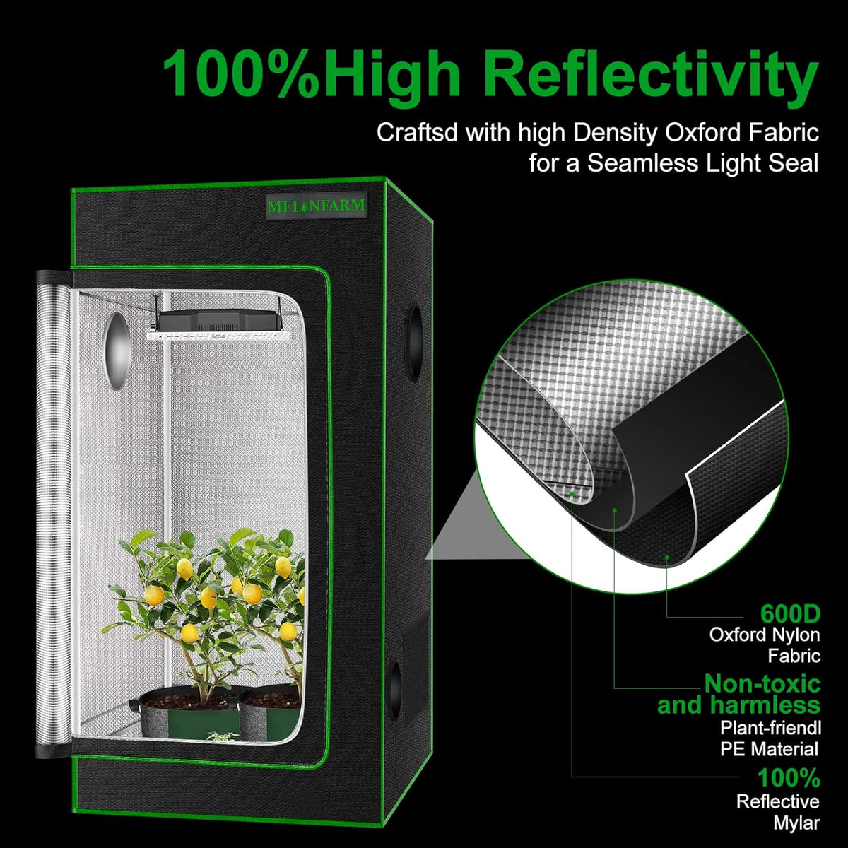 MELONFARM 2x2 Grow Tent, 24"x24"x36'' High Reflective 600D Diamond Mylar Canvas with Observation