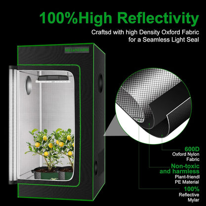 MELONFARM 2x2 Grow Tent, 24"x24"x36'' High Reflective 600D Diamond Mylar Canvas with Observation