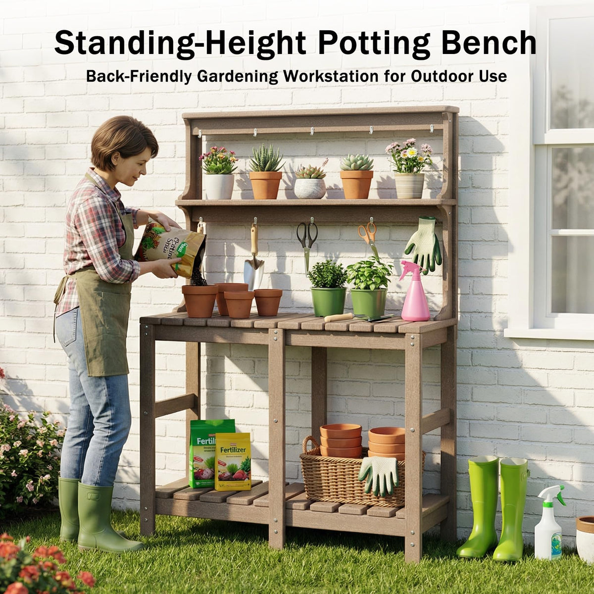 Polyhouz Outdoor Potting Bench with 3 Tier, All-Weather Patio Potting Table with Tool Hooks, HDPE