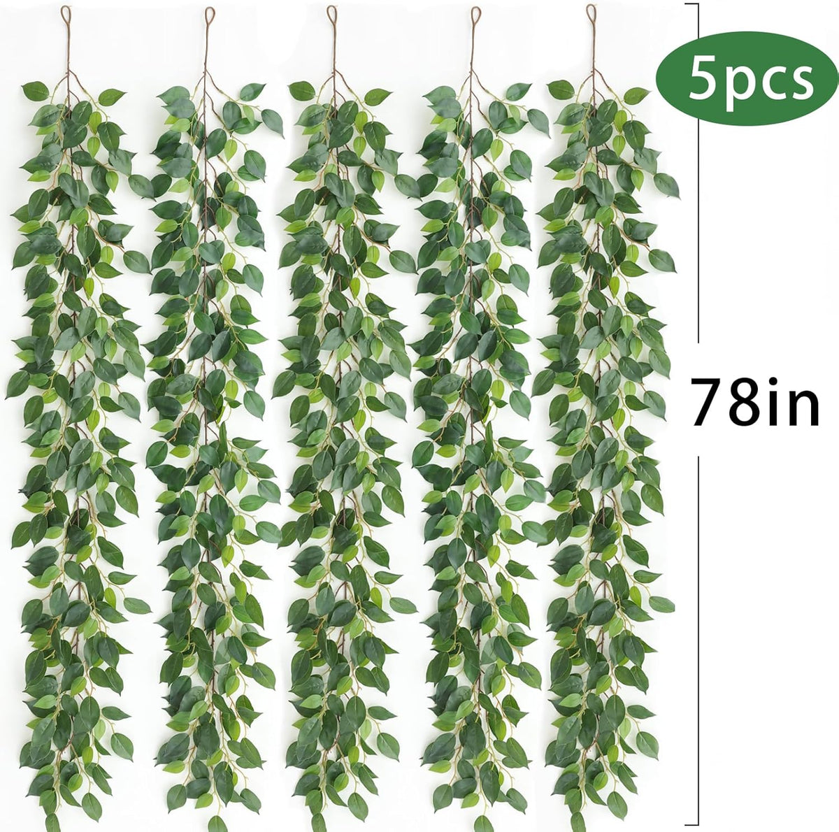 mizii 5 Packs 390" Artificial Vines Ficus Garland Fake Vine Silk Green Leaves Faux Plants Greenery
