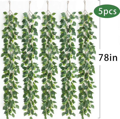 mizii 5 Packs 390" Artificial Vines Ficus Garland Fake Vine Silk Green Leaves Faux Plants Greenery
