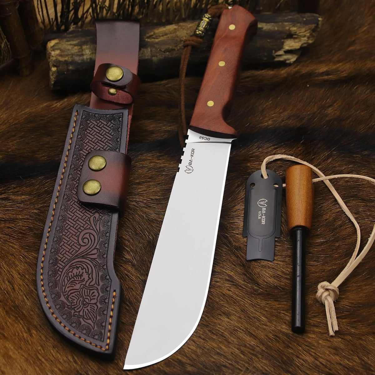 BA-KOR USA 8mmDC53 steel 35CM (14 ") full Tang fixed knife with leather sheath and (5.9 ") ceria