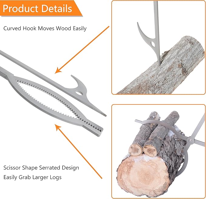 40" Fire Tongs Firewood Grabbers and Fire Poker Set, Stainless Steel Large Log Grabbers for Outdoor