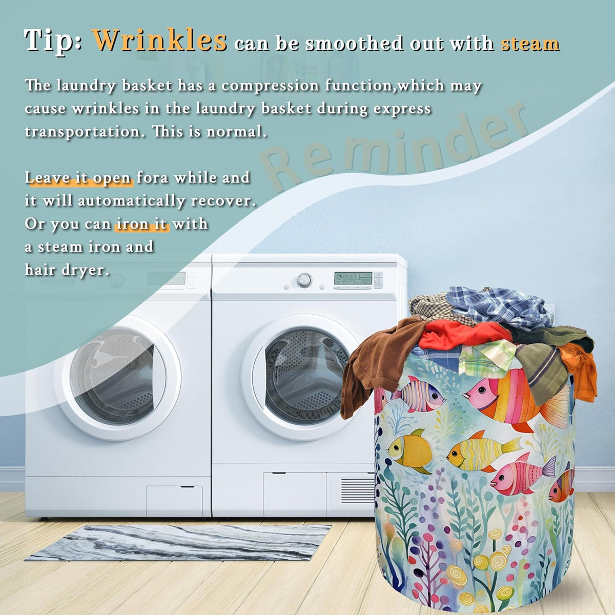 Watercolor Fish Laundry Basket Foldable With Handles Cute Fishes Tote Bag Oxford Cloth Colorful