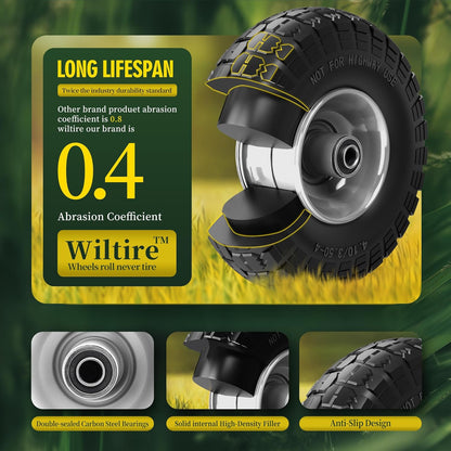 (2 Pack) 4.10/3.50-4 Flat Free Tire and Wheel 10-Inch Solid Wheel Replacement with 5/8