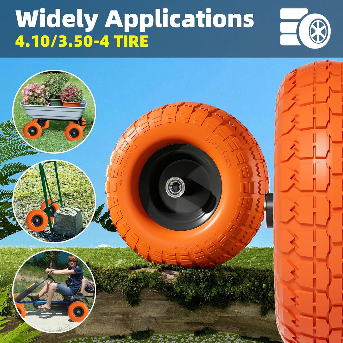 【UPGRADED】4.10 3.50-4 Tire and Wheel, 10 Inch Flat Free Tires 4 Pack with 5/8” Axle Bore Hole and