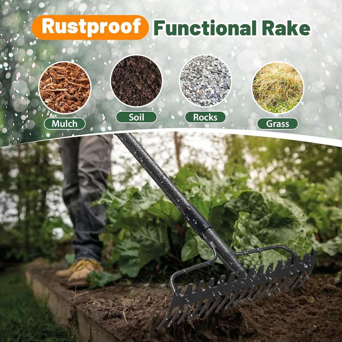 Garden Rake, 63 Inch Long Handle with 17 Tongs, Heavy Duty Metal Bow Rake for Loosening Leveling