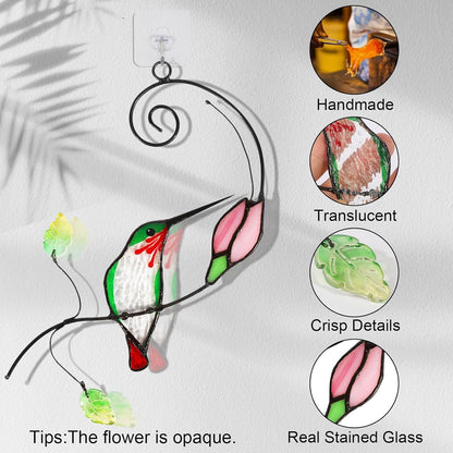 Handmade Stained Glass Hummingbird Suncatcher, Window Hanging Ornament with Flower Design, Indoor