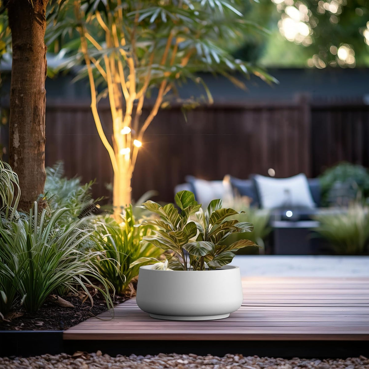 Kante 16.1" Dia Round Curvy Concrete Planter, Large Plant Pots with Drainage Hole and Rubber Plug