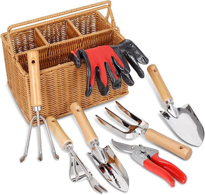 SOLIGT Garden Tools Set with Basket, Heavy Duty Stainless Steel Gardening Hand Tool with Wood
