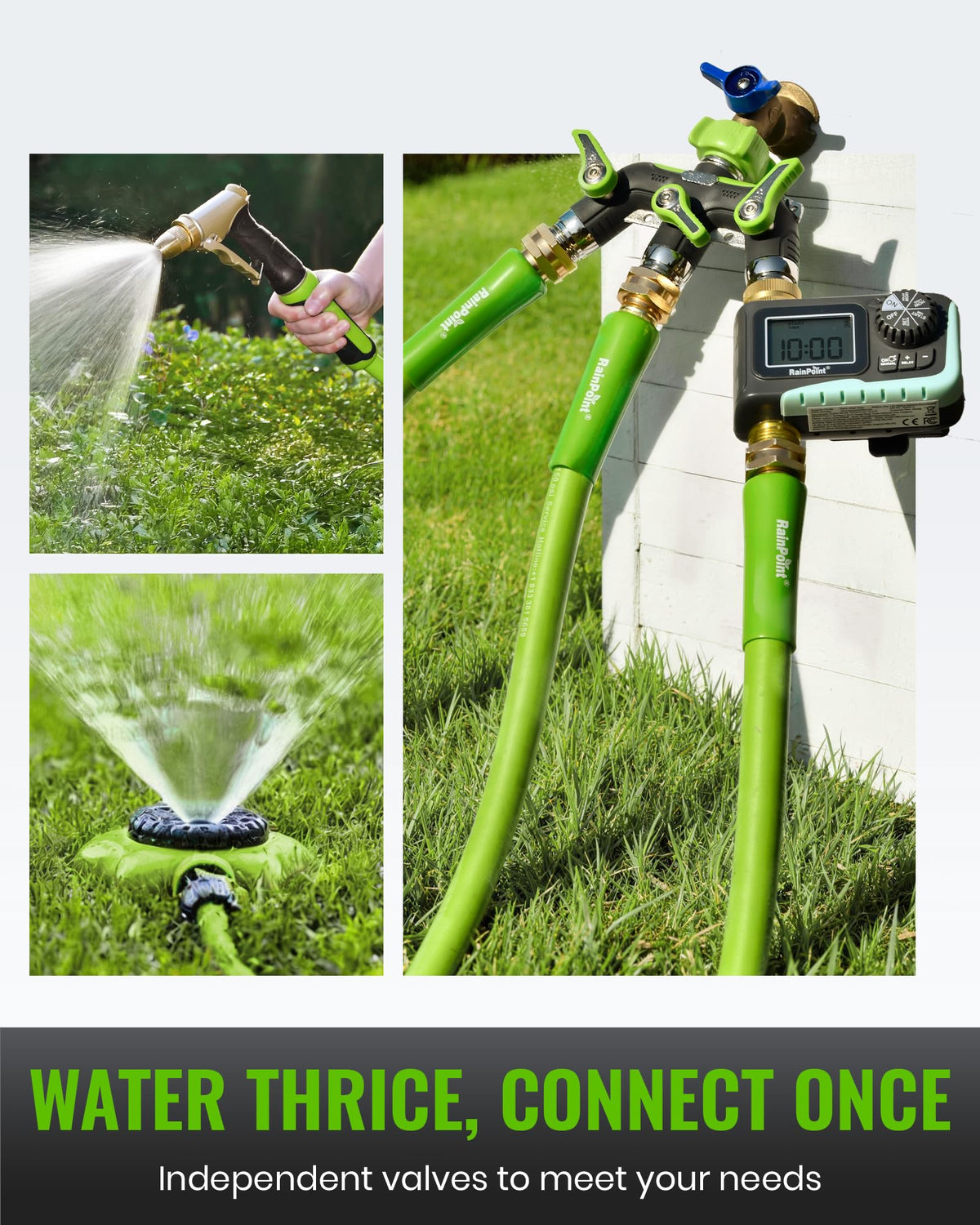 RAINPOINT 3 Way Hose Splitter, 100% Metal Heavy Duty Garden Hose Splitter With 1.9" Extra Long
