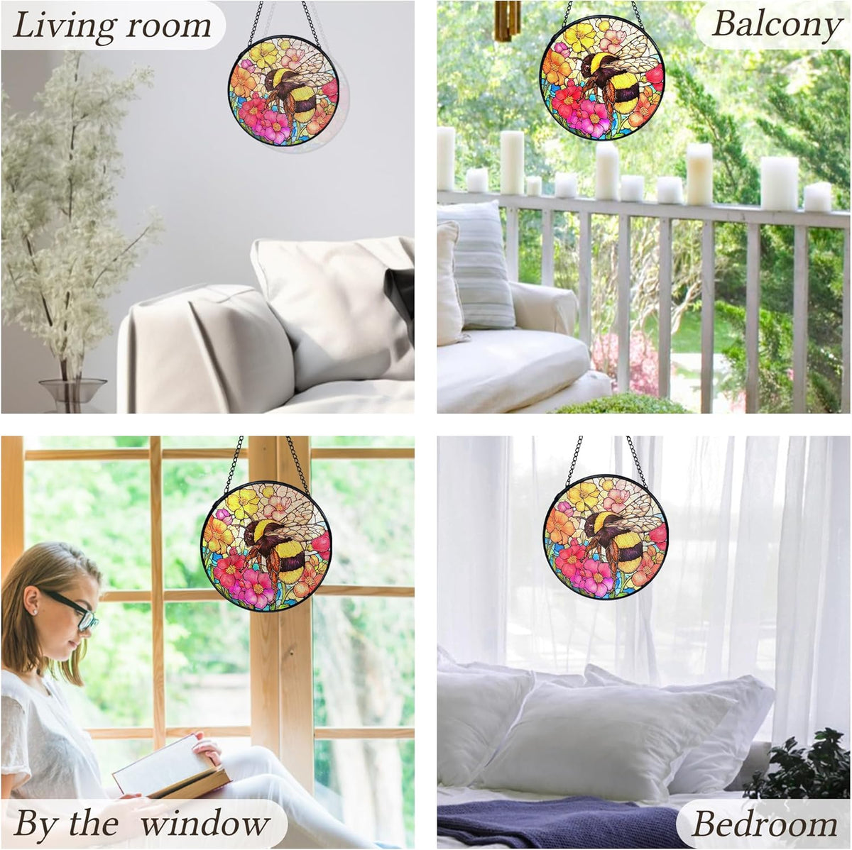 kdqua Bee Floral Suncatcher Stained Glass Window Hanging, Colorful Floral Bumblebee Sun Catchers