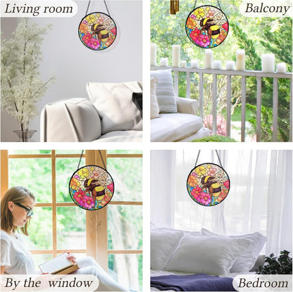 kdqua Bee Floral Suncatcher Stained Glass Window Hanging, Colorful Floral Bumblebee Sun Catchers