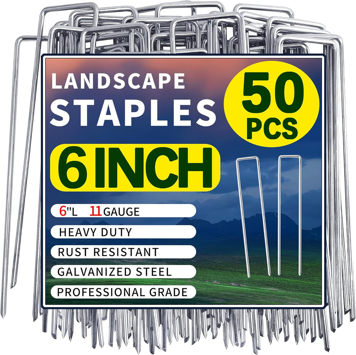 50 Pack Landscape Staples 6 Inch Garden Stakes Galvanized Garden Staples Pins Anti-Rust Ground