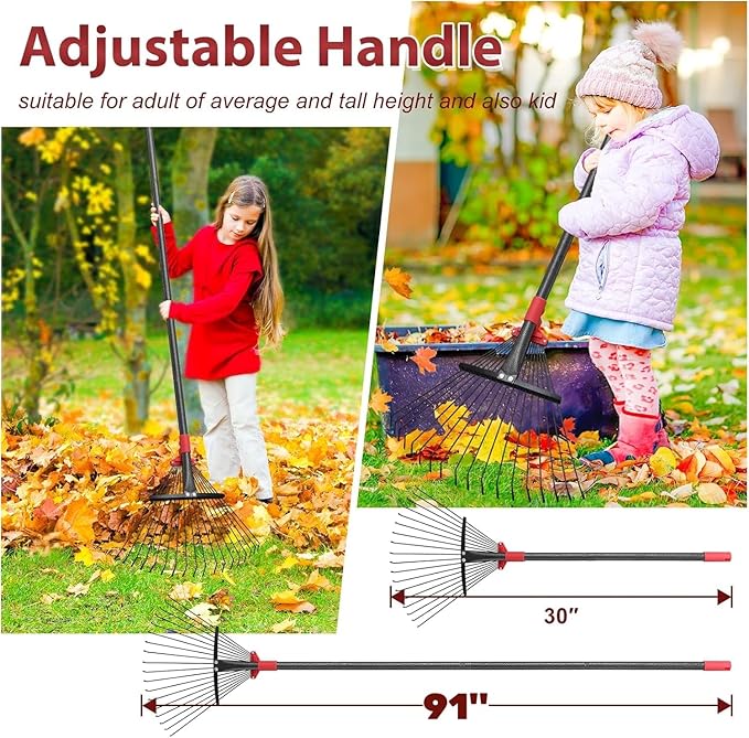 91 Inch Rake for Leaves , Adjustable 18 Tines with Expandable Head 9-18in Grass Rake Heavy Duty