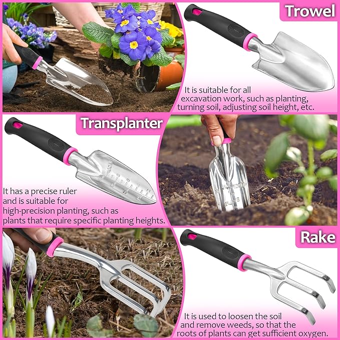 THINKWORK Pink Garden Tools, Gardening Gifts for Women, with 2 in 1 Detachable Storage Bag, Trowel