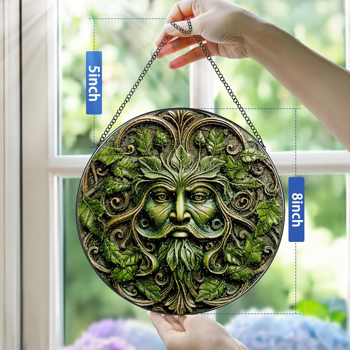 Green Man Stained Glass Suncatcher, Stained Glass Window Hanging, 8 Inch Window Decor Hanging, Gift